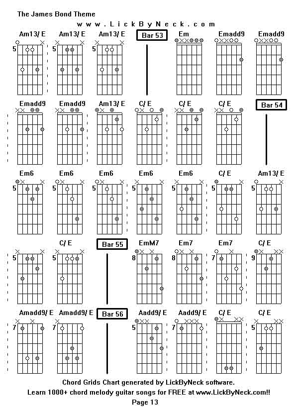 Chord Grids Chart of chord melody fingerstyle guitar song-The James Bond Theme,generated by LickByNeck software.